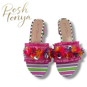 Betsey Johnson Peyten Beaded Raffia Slide Sandals Pink Multi Sz 7.5 Resort Chic